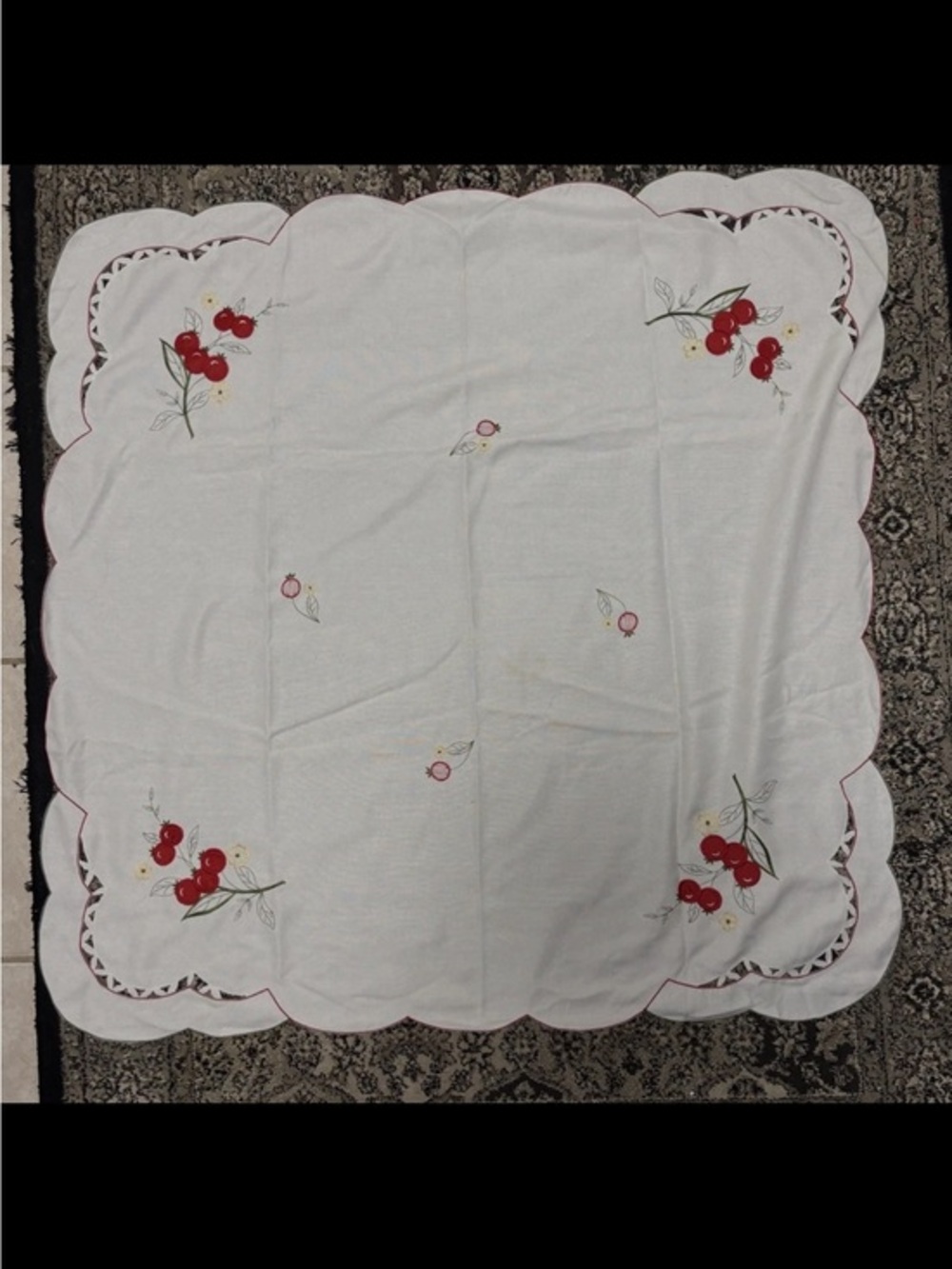 Vintage White Scalloped Tablecloth with Red Cherry Embroidery